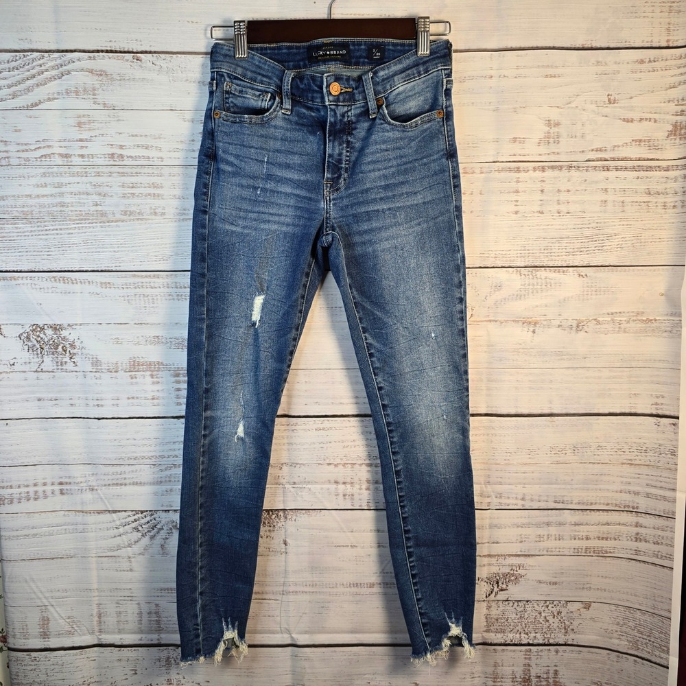 Lucky Brand Distressed Ankle Skinny Jeans Size 2/26 Medium Wash Raw Hem
